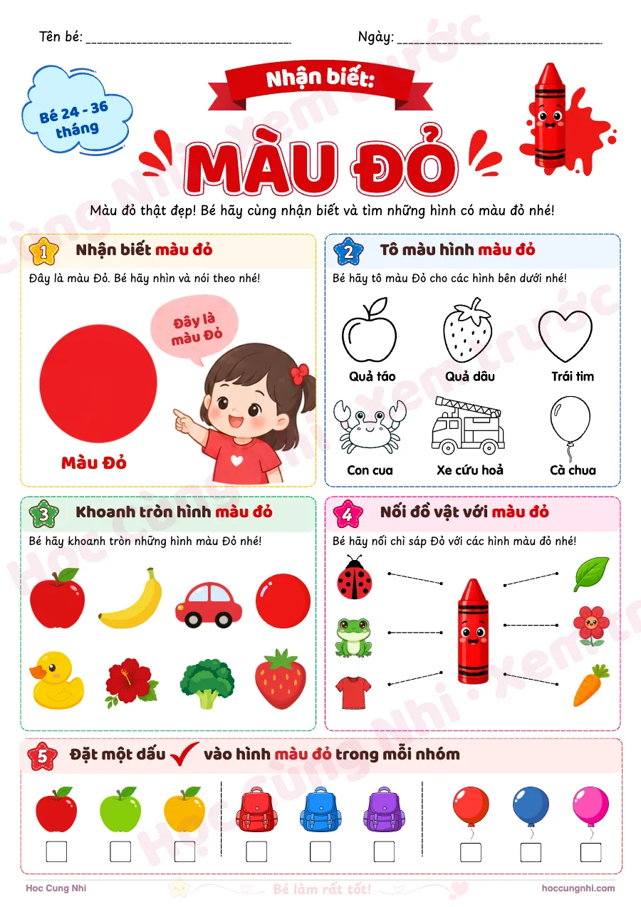 Xem trước trang 1: Nhận biết màu đỏ – Phiếu bài tập cho bé 24–36 tháng